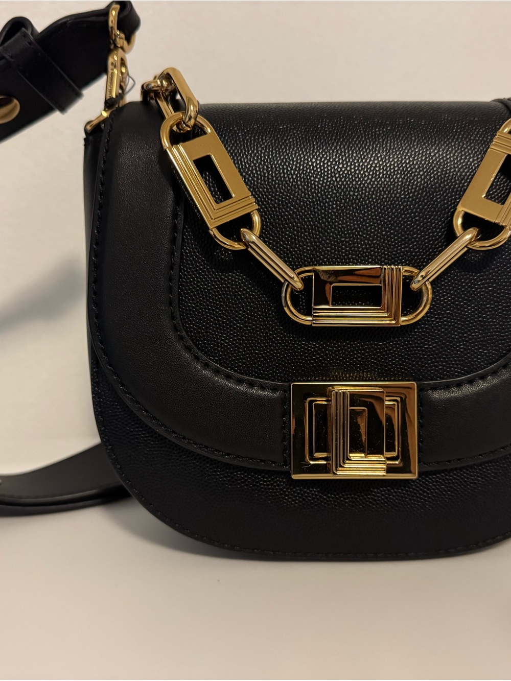 Karl Lagerfeld Black Mini Saddle Bag with Gold Chain Trim